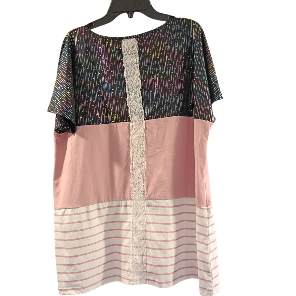 Shein Curve Blouse 1XL Short Sleeve Color Star Stripe Pink Black White Lace EUC - Picture 4 of 5